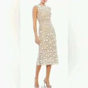 Mac Duggal Beaded Floral Appliqué Midi Sheath Dress Size 14 NWT Style 67853